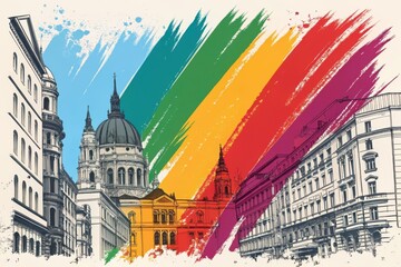 Fototapeta premium Vibrant cityscape illustration showcasing historic architecture with colorful brush strokes