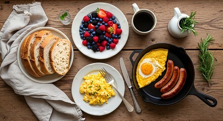 Overhead view of a delicious, extensive breakfast spread on a wooden table, featuring eggs (scrambled and fried), sausages, sourdough bread, berries, and coffee.