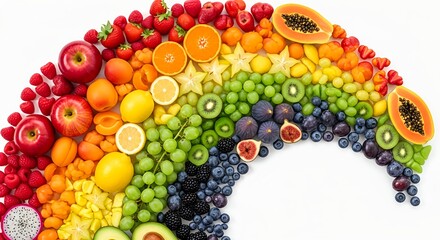 Stunning, high-angle view of a diverse selection of fresh fruits and vegetables arranged in a perfect rainbow semicircle on a white surface.