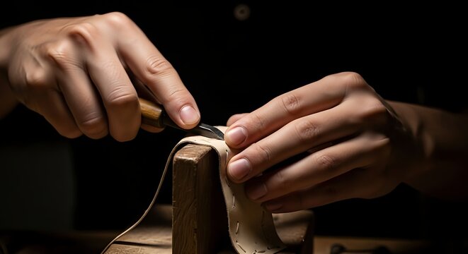 Close-up of an artisan's hands meticulously using a sharp tool to cut and carve leather, demonstrating skilled craftsmanship in a dimly lit workshop.