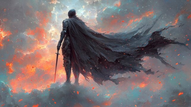 Knight in dark armor stands amidst fiery clouds, back view, sword held low