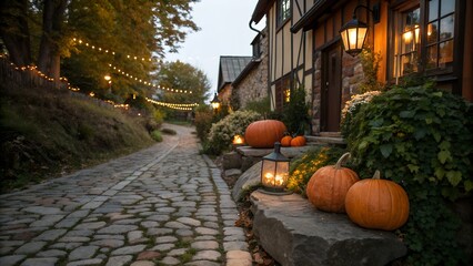 Twinkling lanterns illuminate a cobblestone path in a quaint village. with pumpkins adorning