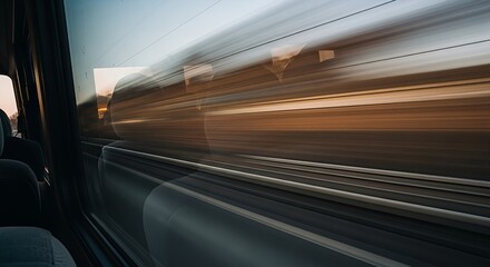 Dynamic motion blur shot taken from a train or bus window, showing the rapid speed of travel over a sunset-colored landscape, symbolizing fast transition.