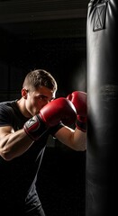 Dramatic close-up of a muscular boxer in red gloves hitting a black punching bag, with dust and sweat flying against a dark, moody background.
