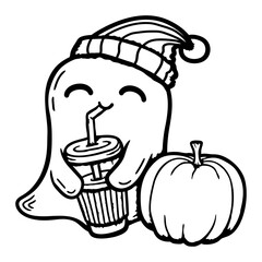 Happy Ghost Drinking Boba Iced Coffee Cup To Go Cute Halloween Pumpkin Winter Autumn Hat Cartoon