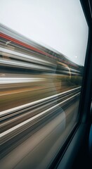 Extreme motion blur shot from a train window, showing high-speed travel with horizontal streaks of color, symbolizing fast commute and dynamic movement.