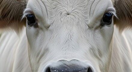 Extreme, detailed close-up portrait of a white cow's face, showing the fine texture of its fur, eyes, and nose.
