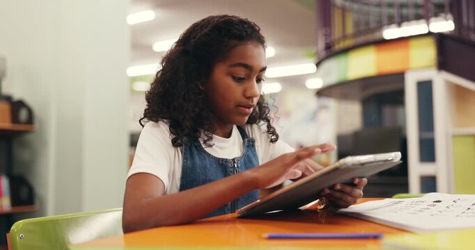 Girl, child and tablet at library for homework, research and typing for elearning project at school. Kid, tech and pupil on application, notes or solution with online course for education at academy