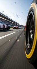 Dynamic, low-angle POV shot from the side of a race car, showing the wheel and track at high speed, with blurred competitors in the distance.