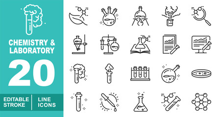 Chemistry & laboratory set of web icons in line style. Containing flask, leaf, monster, magnifier, book, report, computer, tubes, petri, testtub. Editable stroke icons collection.