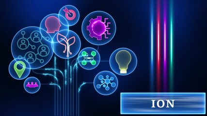 Digital network connections abstract concept with glowing neon icons representing ideas teamwork strategy and location data on a dark background with vibrant light streaks and the word I O N - Powered by Adobe