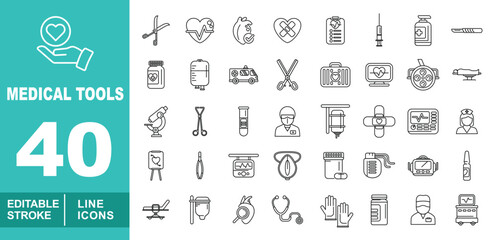 Medical tools set of web icons in line style. Containing heart, scissors, heartbeat, heart, report, injection, pills, iv, ambulance, briefcase, monitor, light, stretcher. Editable stroke icons
