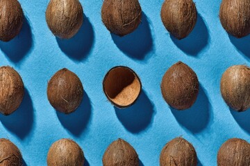 Scattered coconuts, one split open, on a vibrant blue surface. Simple overhead composition