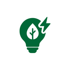 Green energy and sustainability icon with leaf in light bulb and electric bolt for eco innovation concepts