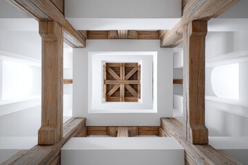 Interior view of a high, square room, showcasing a wooden ceiling structure supported by large beams
