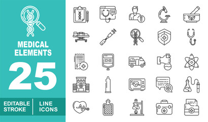 Medical elements set of web icons in line style. Containing dna, clipboard, website, doctor, microscope, medicine, stretcher, injection, dna, shieldcross, stethoscope, bill. Editable stroke icons