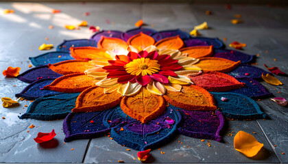 Colorful Rangoli Flower Design on Floor for Indian Festival Celebration.