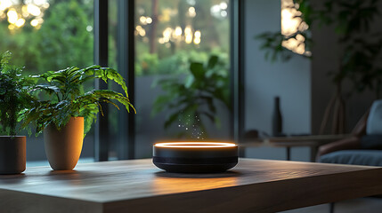 Aromatic candle glowing on a wooden table with plants and window view isolated on white background