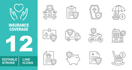 Insurance coverage set of web icons in line style. Containing handheart, carshield, car, report, coffin, umbrella, cardshield, truckshield, bikeshield, buildingshield. Editable stroke icons collection