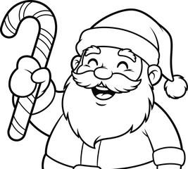 Cheerful Cartoon Santa Claus Holding Candy Cane - Black and White Outline Illustration for Coloring Books and Christmas Designs