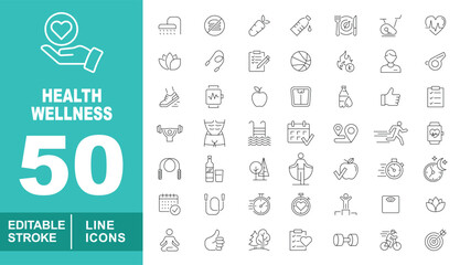 Health wellness set of web icons in line style. Containing handheart, shower, stop, carrot, water, meal, bike, heartbeat, lotus, jump, clipboard, ball, flame, man, whistle. Editable stroke icons 