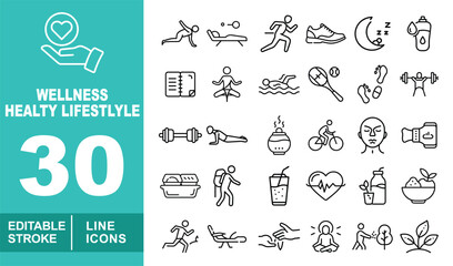 Wellness healthy lifestyle set of web icons in line style. Containing handheart, yoga, massage, runner, sneakers, sleep, water, report, meditation, swimmer, tennis, foot. Editable stroke icons 