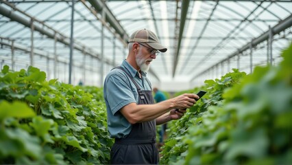 Innovative Farmer Using Technology in Greenhouse for Crop Management