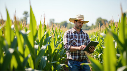 Farmer Using Tablet in Corn Field for Modern Agriculture Solutions