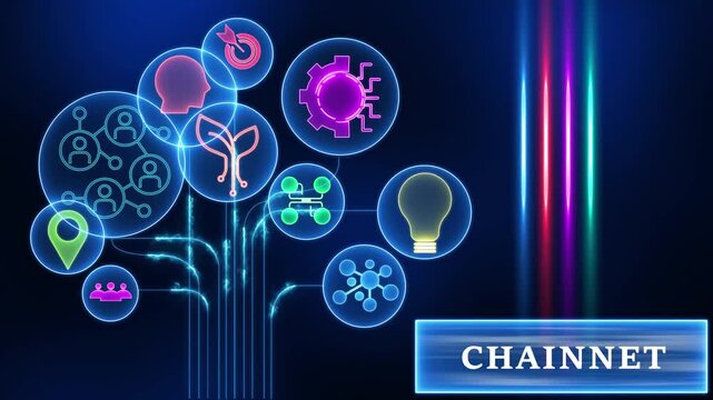Futuristic blockchain network concept with glowing neon icons representing people ideas goals gears and connections on a dark blue background with vibrant light streaks and the word C H A I N E T