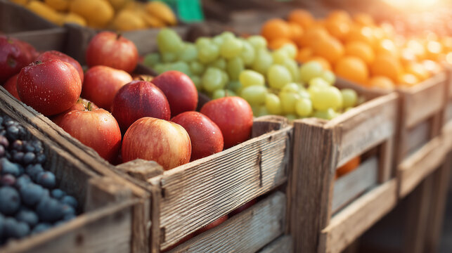 Fresh organic apples and grapes displayed in rustic wooden crates at farmers market for National Farmer's Day