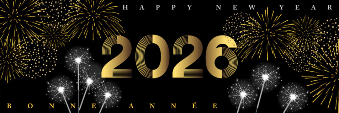 2026 - Banni&egrave;re pour la nouvelle ann&eacute;e dans une ambiance de f&ecirc;tes nocturnes avec des feux d&rsquo;artifices et des cierges magiques - texte Fran&ccedil;ais et anglais, traduction : bonne ann&eacute;e.