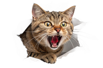 Angry tabby cat background-transparent photo material. Surprise. Shock. Raging fury. Threatening. Alert. Danger.