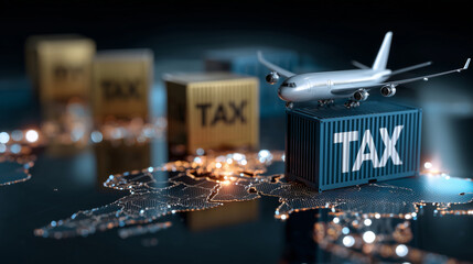Airplane model on tax containers, representing global commerce and logistics, highlighting importance of tax in international trade