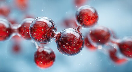 Macro, scientific image shows a molecular structure, red-tinted spheres connected, on a blue background