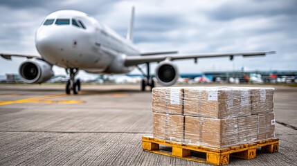 Palletized cargo ready for air transport on an airport tarmac with a commercial airplane in the background under a cloudy sky.