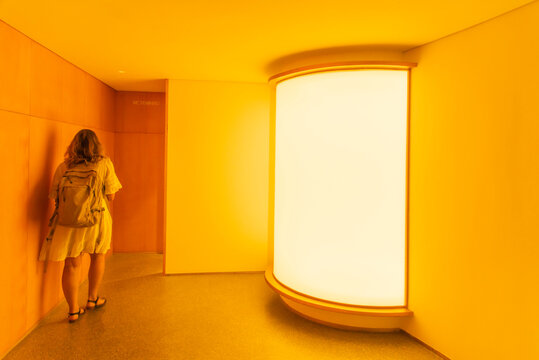 Porto, Portugal - July 10 2025: The illuminated corridor hall in Batalha Centro de Cinema Porto Protugal