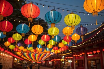 Colorful lanterns illuminating a festive street during twilight in a vibrant market scene