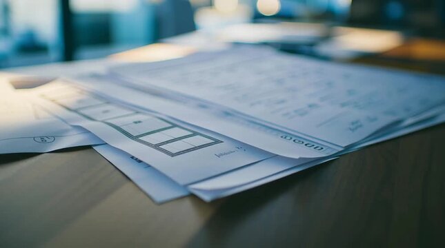 Stack of paper office document paperwork business form data report workspace soft light shallow focus morning desk clutter, office desk paperwork