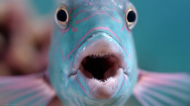 Closeup of a parrotfish mouth underwater.