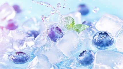 Refreshing blueberries with ice and water splash