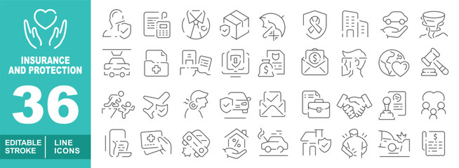 Insurance and protection set of web icons in line style. Containing handheart, person, calculator, shirt, parcel, umbrella, ribbon, house, carhand, car, report, briefcase. Editable stroke icons