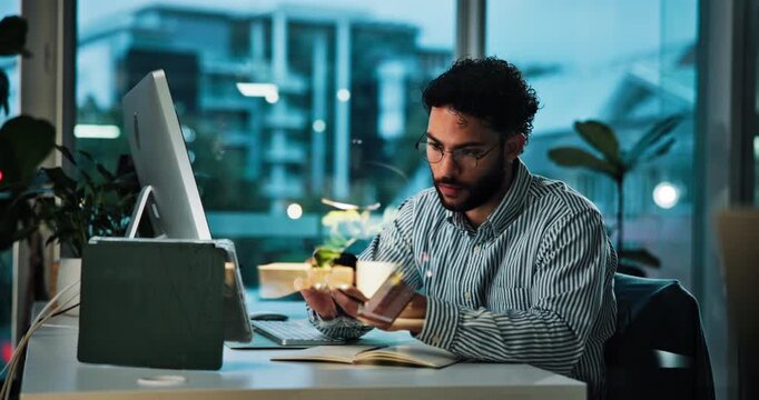 Business, man and reading with phone in office for accounting, check notification or evening. Person, computer or mobile for schedule update, search internet or chat online for late proposal feedback