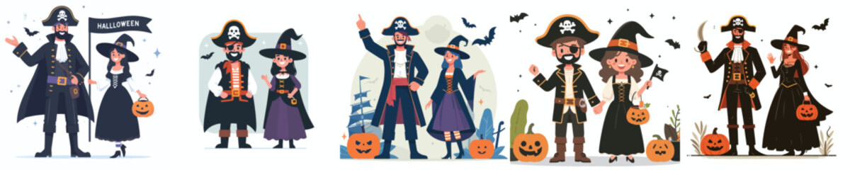 vector pirates and wizards say hello halloween celebration