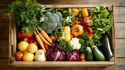 Freshly harvested vegetables in a wooden crate, ready for market.