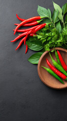 A wooden bowl containing vibrant green and red chili peppers accompanied by fresh basil and parsley leaves, placed against a dark textured background for culinary use.