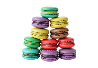 Colorful macarons pyramid isolated on white, assorted flavors and colors of French macaroons