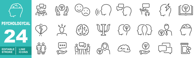 Psychological set of web icons in line style. Containing brain, people, handpsi, happy, head, speech, man, lightning, book, heart, pain, psi, headpsi, psychologist, couple. Editable stroke icons