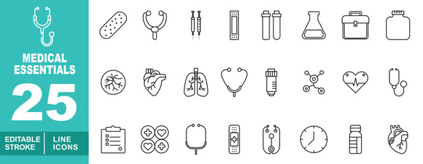 Medical essentials set of web icons in line style. Containing stethoscope, bandage, needle, testtubes, beaker, briefcase, pillbottle, vein, heart, lungs, bloodtes. Editable stroke icons collection.