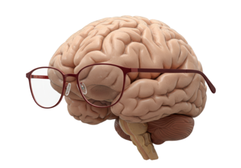 Human brain with glasses isolated on transparent background, anatomical model for medical education