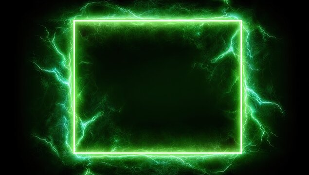 Luminous green square frame surrounded by energy tendrils on a black background - Powered by Adobe